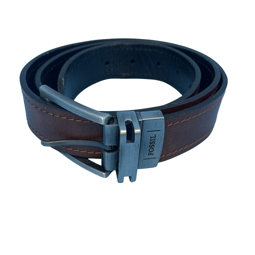 Fossil Mens Reversible Leather Belt Brown Black Silver Buckle Size 38